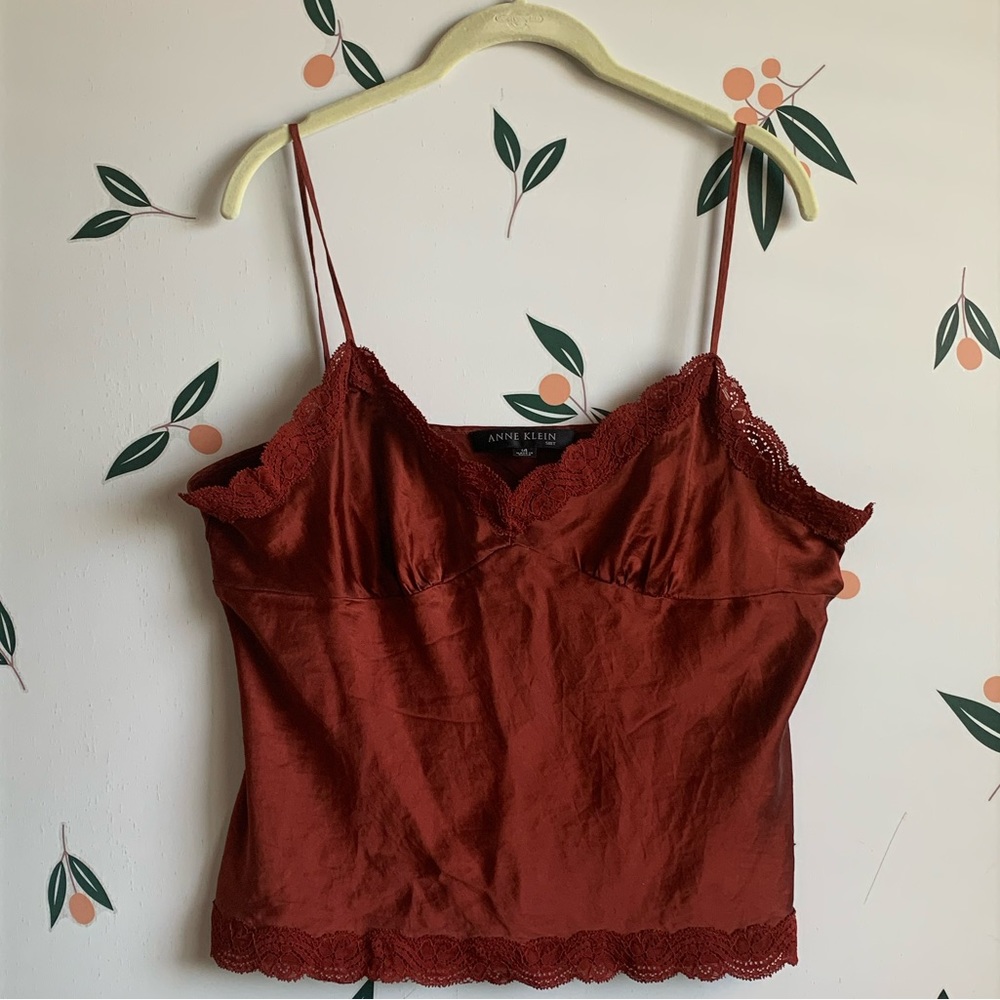 Anne Klein Suit 100% Silk Red Burgundy Lace Spaghetti Strap Tank Balletcore